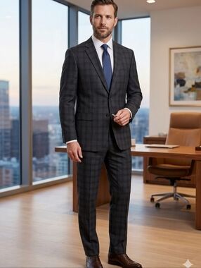MAXWELL’S CUSTOM TAILORED 100% WOOL DARK NAVY SUIT – CLASSIC ELEGANT BUSINESS FO
